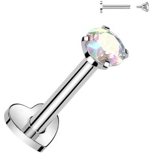 Intern Geschroefde Titanium Labret met Harten Basis en Prong Set Steentje - Zilver - 6 mm - Aurora Borealis