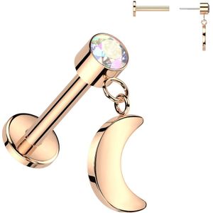 Titanium Threadless Labret met Bezel Kristal en Maan hangertje - Rose Goud - 1 mm - Aurora Borealis