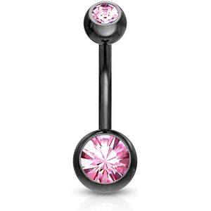 Titanium plated zwarte navelpiercing met twee roze diamantjes - 10 mm