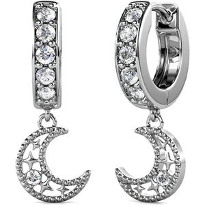 Zilveren Huggies met Maan hangertje versierd met Swarovski kristallen