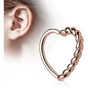 Rosé gouden piercing ring in hartvorm met een gevlochten helft