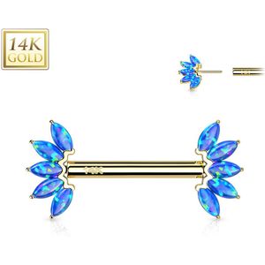 Massief Gouden Threadless Tepelpiercing met 5 Gekleurde Opaal Steentjes - 14 mm - Geel Goud - Opaal Blauw