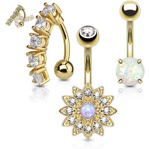 Set gekleurde navelpiercings met kristallen in sieradenbakje - goud