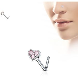 Neus stud met gekleurde hart top met kristallen – Zilver – Roze