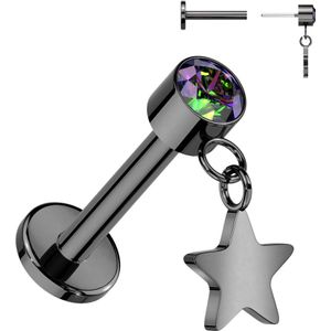 Titanium Threadless Labret met Bezel Kristal en Ster hangertje - Zwart - 1 mm - Vitrail (Regenboog)