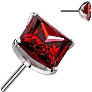 Threadless Titanium Top met Vierkant Steentje - Zilver - 3 mm - Rood