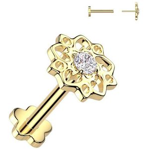 Threadless Titanium Labret met Bloemen Design Top en Bloemetjes Basis - Goud - 1.2 mm