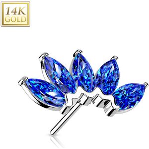 14kt. Gouden Threadless Top met Gekleurde Marquise Steentjes - Wit Goud - Blauw