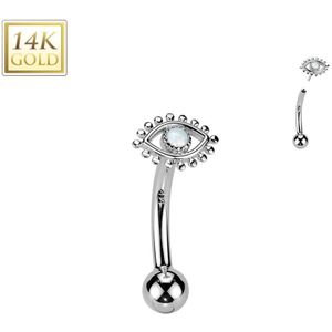 Threadless 14Kt Gouden Gebogen Barbell met Oog en Opaal Steentje - Wit Goud