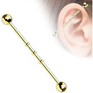 Gekleurde industrial piercing drie kralen - Titanium plated Goud