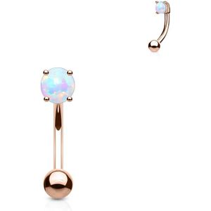 Rosé gouden gebogen barbell met witte prong set v steen