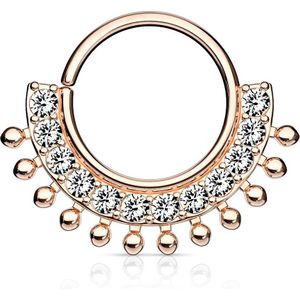 Piercing ring met waaier van heldere kristallen en kralen – Rosé Goud