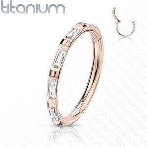 Titanium piercing ring met vast segment en rechthoekige kristallen – 10 mm – Rosé Goud
