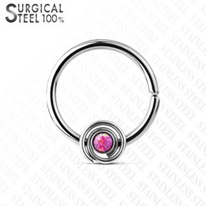 Buigbare septum ring met roze Opaal steentje en spiraal