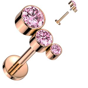 Interne Titanium Labret met 3 Bezel Kristallen in oplopende groottes - Rose Goud - Roze