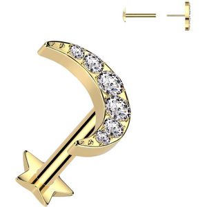 Threadless Titanium Labret met Halve Maan Top en Sterren Basis - Goud - 1.2 mm