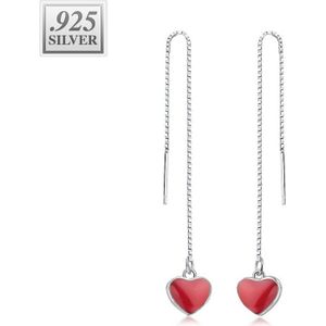 Paar sterling zilveren threader oorbellen met rode hartjes