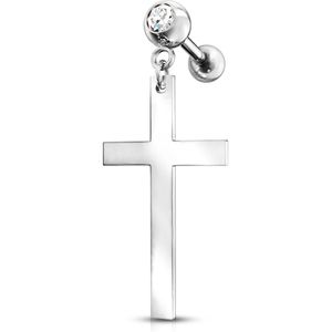 Kraakbeen piercing barbell met grote kruis hanger - Zilver