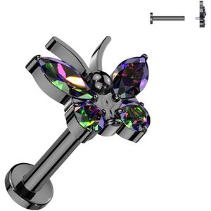 Interne Titanium Labret Stud met sierlijke Kristallen Vlinder top - Zwart - Vitrail (Regenboog)