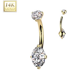 Intern Geschroefde 14Kt. Gouden Navelpiercing met Ovalen Prong Set Steen - Wit Goud