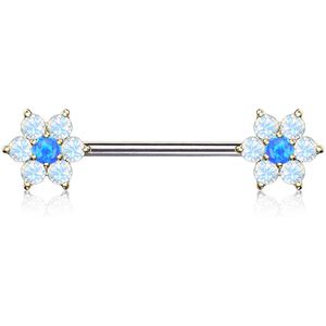 Tepel barbell met gekleurde kristallen bloem en opalite steen - Zilver - Opaal Blauw