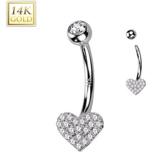 14 Karaats Gouden navelpiercing met kristallen gezet hartje - Witgoud