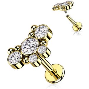 Interne Labret Stud met Elegante top van Kristalletjes en Kralen - Goud - 8 mm - Helder