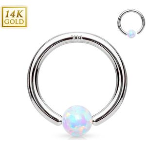 14K. wit gouden ball closure ring met vast Opaal balletje - 1 mm - 3 mm - Opaal wit