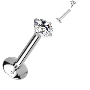 Intern Geschroefde Titanium Labret met Prong Set Steentje - Silver - 1 mm - 6 mm - Clear - 3 mm