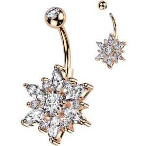 Kristallen Bloem Navelpiercing met Markies geslepen blaadjes  - Rose Goud - Helder