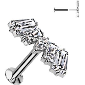 Threadless Labret met Waaier Top van Baguette Steentjes en Gecentreerde Markies Geslepen Kristalletjes - Zilver - 1.2 mm