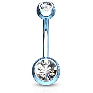 Titanium plated licht blauwe navelpiercing met twee heldere diamantjes - 10 mm