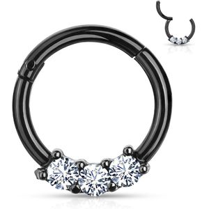 Piercing ring met vast segment en 3 prong set kristallen - Zwart