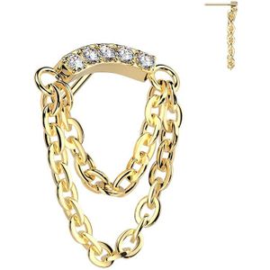 Threadless Titanium Topje met Gebogen Staafje en Gekoppelde Dubbele Kettinkjes - Goud