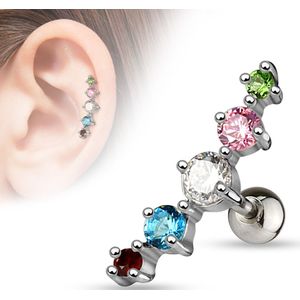 Helix piercing met vijf gekleurde steentjes - Regenboog