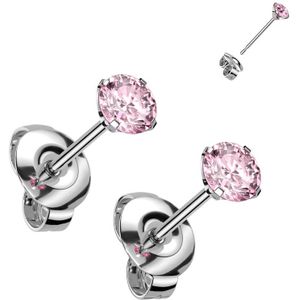 Setje Titanium Oorknopjes met Claw Set Kristal - Zilver - 4 mm - Roze