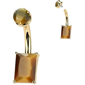 Intern Geschroefde Titanium Navelpiercing met Rechthoekige Natuursteen - Goud - Tiger Eye (Bruin)