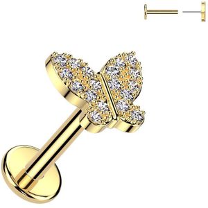 Threadless Labret Piercing met Vlinder Top bezet met Steentjes - Goud - 1.2 mm