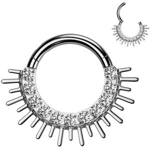 Titanium Segment Ring met Front Facing Kristalletjes en Spike Waaier - Zilver - 10 mm