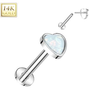 Threadless Labret met Hartvormige Opaal top van 14 Karaats Goud - Witgoud - 1 mm - Wit