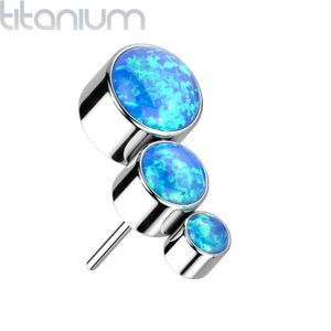 Massief Titanium Threadless Top met Drie Aflopende Grootte Gekleurde Opaal Steentjes - Zilver - Opaal Blauw