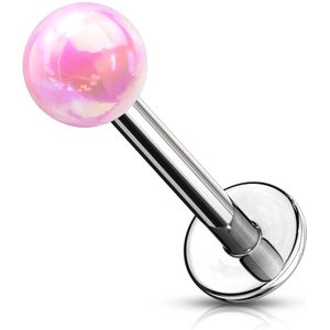 Chirurgisch stalen labret met metallic gekleurd balletje – 8 mm – Roze