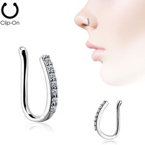 Zilveren neus clip piercing met lijn van kristallen