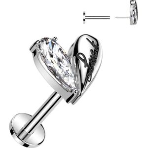 Threadless Labret met Hartjes Top met Helft Steentje en het Woord Luck - Zilver - 1.2 mm