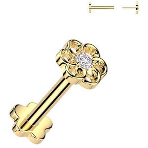Threadless Titanium Labret met Bloemetjes Top met Steentje en Bloemetjes Basis - Goud - 1.2 mm