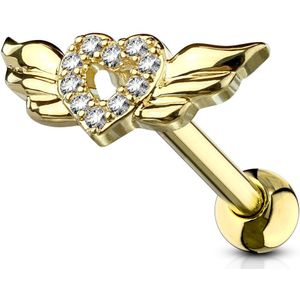 Barbell stud met kristallen hart en vleugels - titanium plated goud