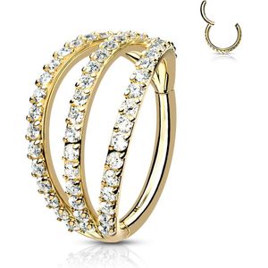 Piercing ring met vast segment en 3 lagen kristallen – 10 mm – Goud