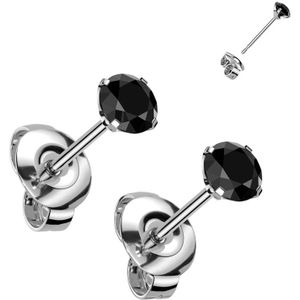Setje Titanium Oorknopjes met Claw Set Kristal - Zilver - 3 mm - Zwart