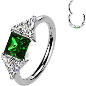 Titanium Segment Ring met Vierkant Emerald Steen en Twee Heldere Driehoek Kristalletjes - Zilver - 1.0 mm