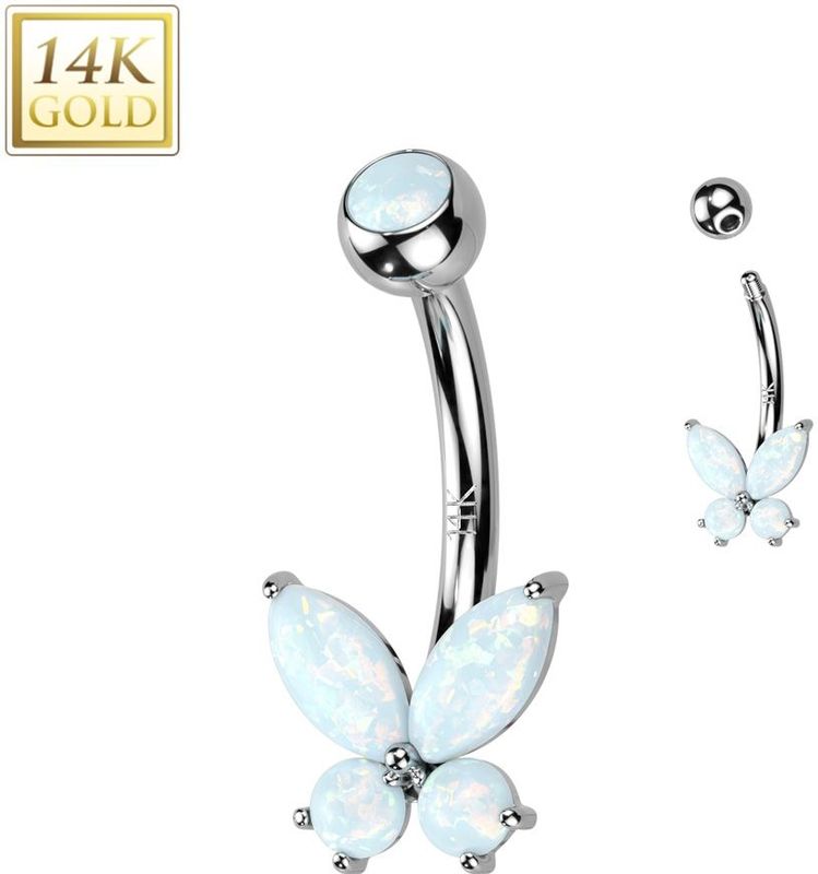 14 Karaats Gouden navelpiercing met stenen Vlinder figuur - Witgoud - Wit